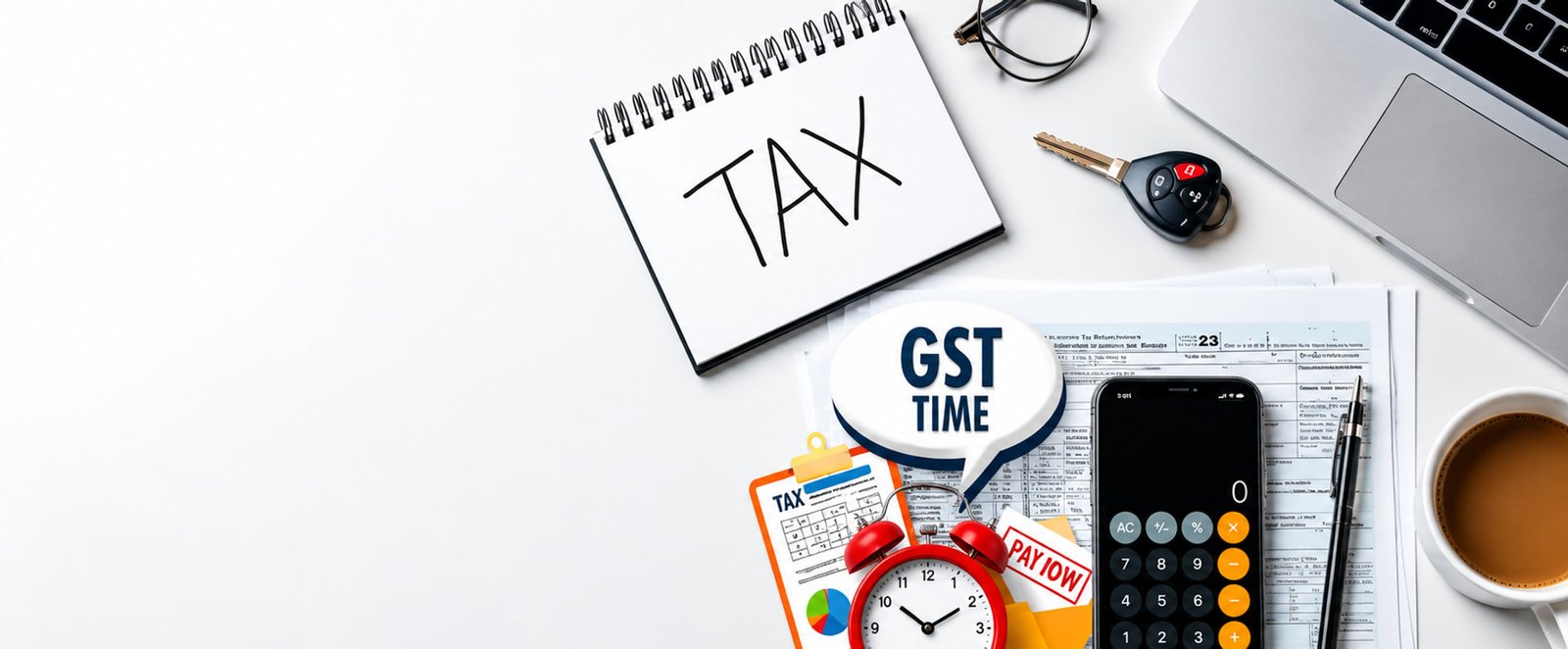 Desk with tax documents, calculator, and GST filing reminders