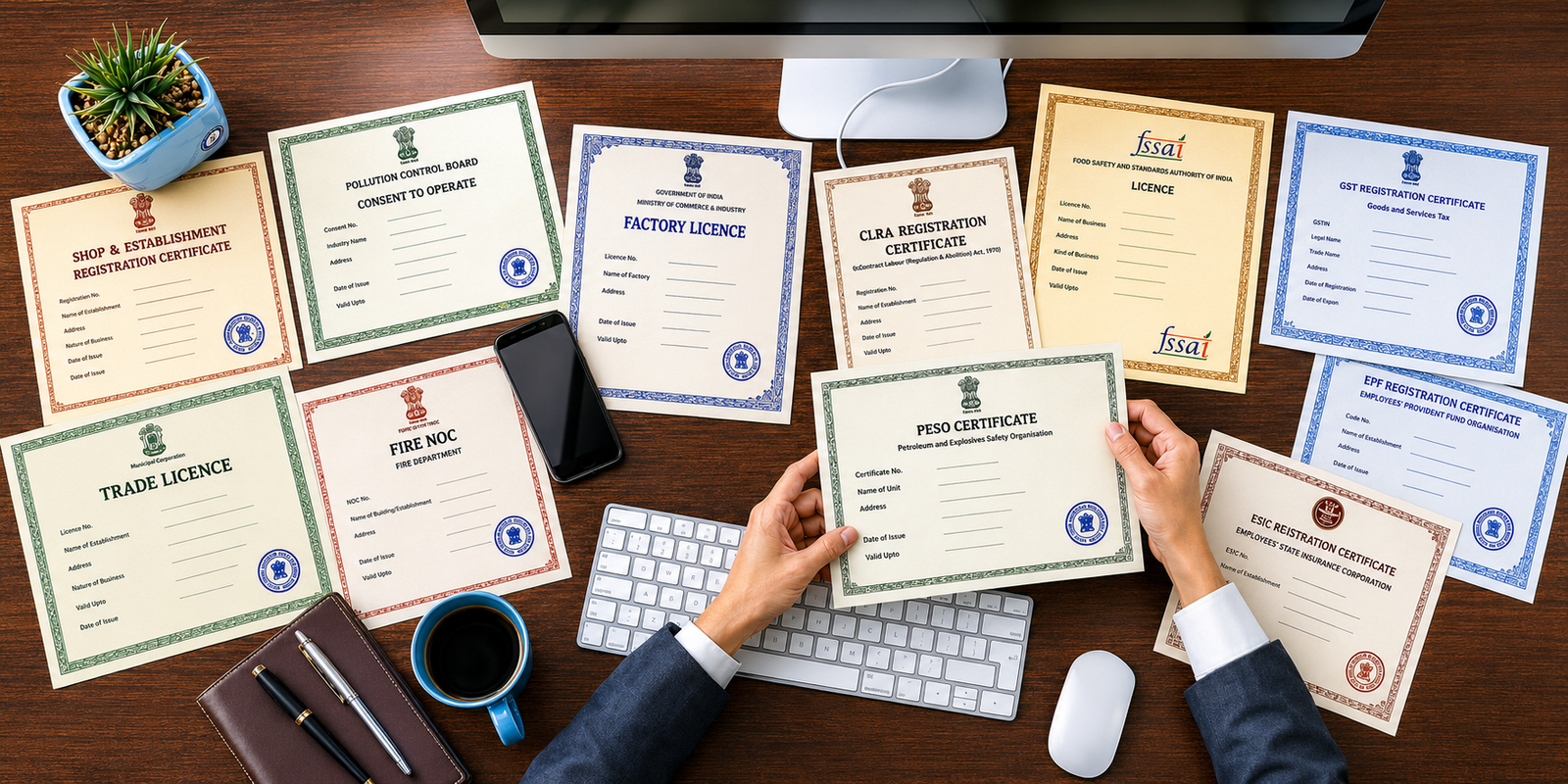 Business licenses and registration certificates laid out on a desk