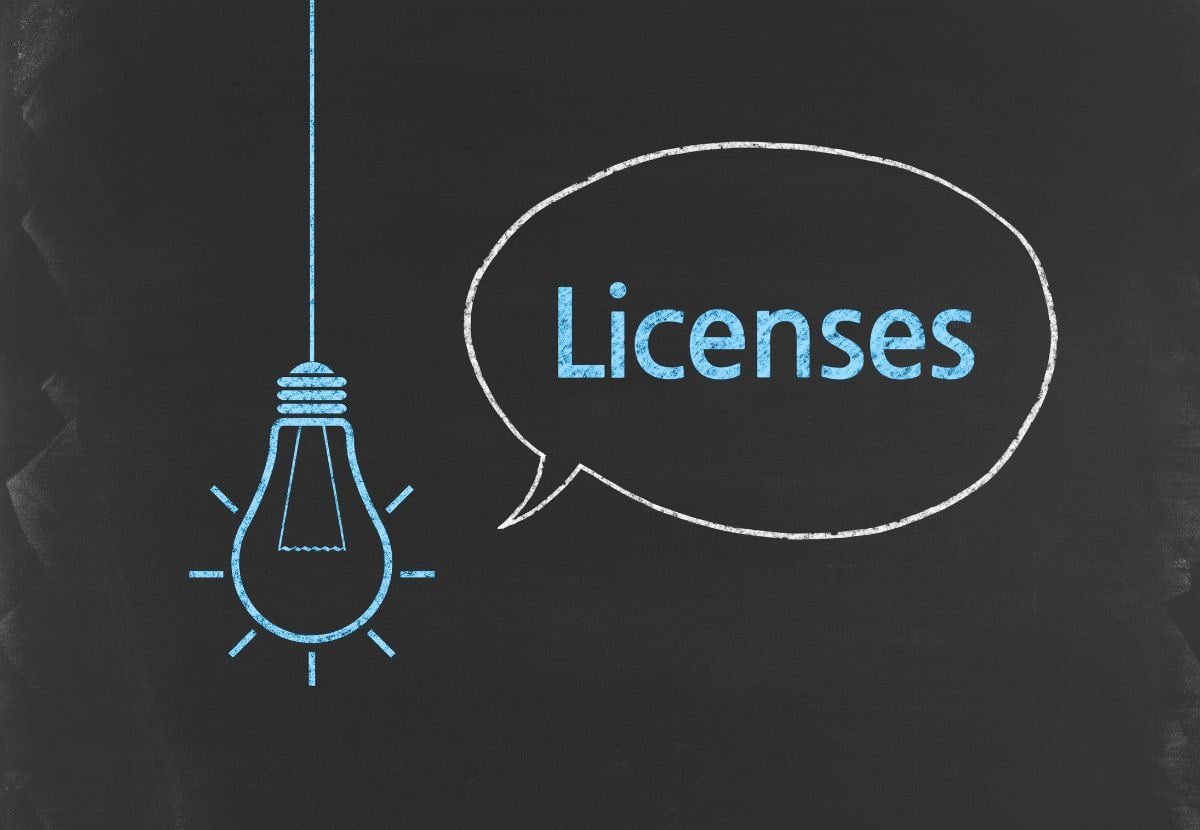 Chalkboard illustration of a lightbulb idea next to a Licenses speech bubble