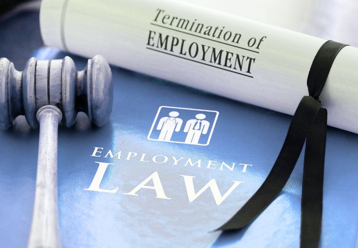 Termination of Employment document and gavel on an Employment Law folder